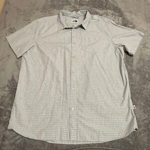 The North Face Mens XXL Short Sleeve Button Down Shirt Blue White Plaid Cotton